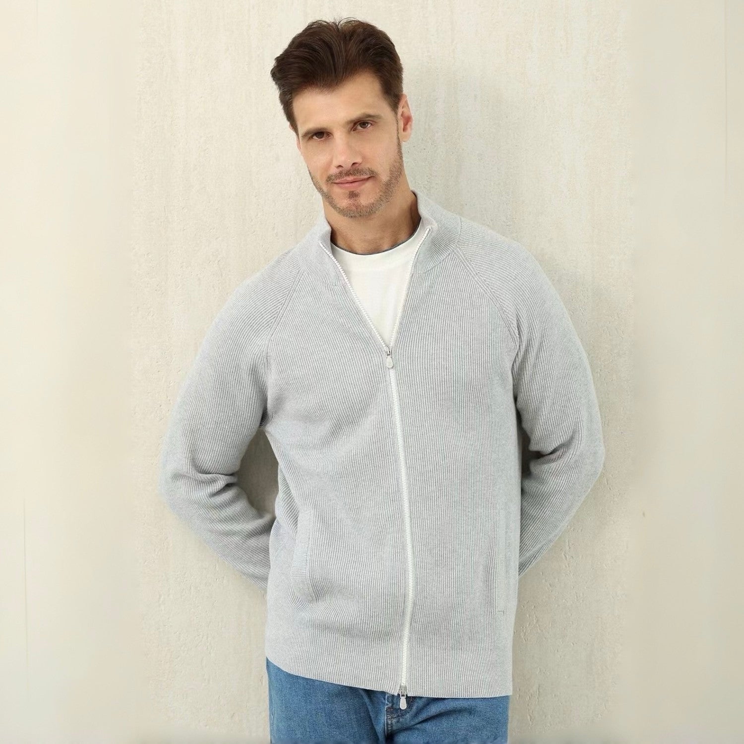 BC Men's Fall/Winter Fashion Casual Solid Color High Neck Double Zip Knit Cardigan #79221