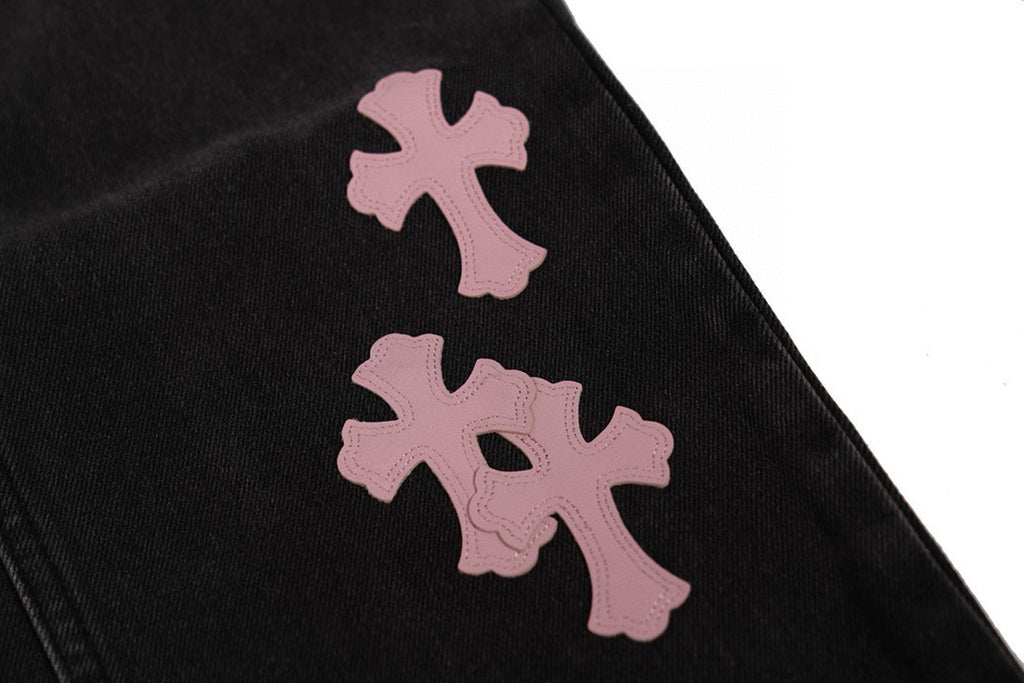 Men's and Women's Spring and Fall Pink Cross Calfskin Labeled Black Jeans Pants #97952