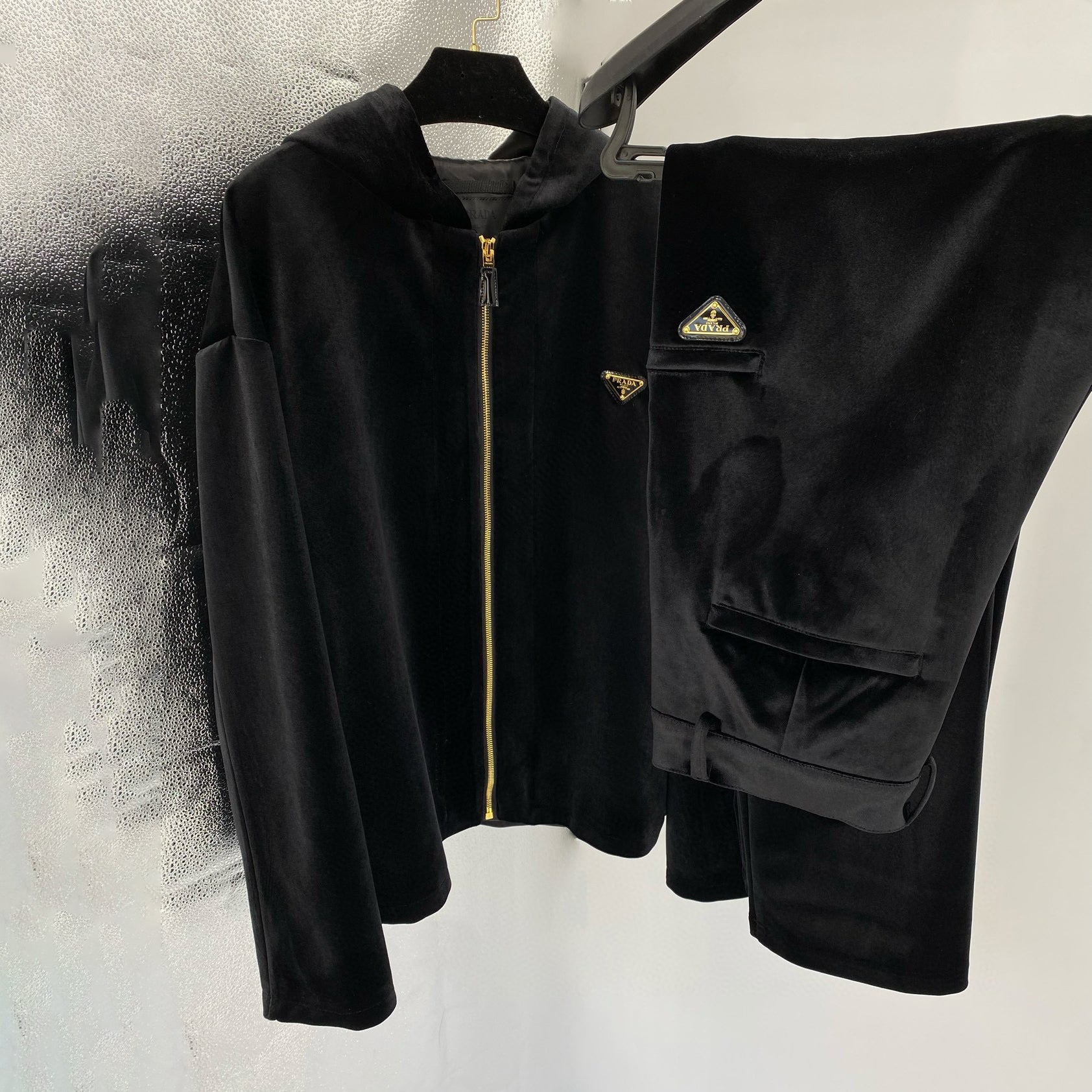 Men's Autumn and Winter Black Fleece Facing Zip Hooded Jacket Pants Set Suit #97841