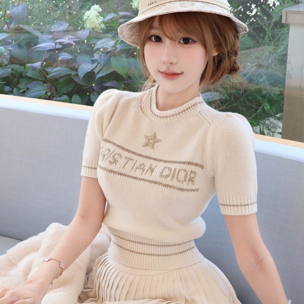 Women's Wool Blend Knit Short Sleeve Top Round Neck Fashion Temperament Short T-Shirt Knitwear #81137