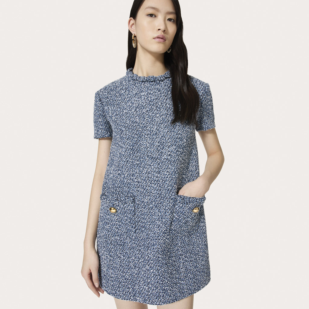 Women's Spring And Summer Fashion Tweed Round Neck Dress Buttons Fit Casual Elegant Short-sleeved Dresses Ngvp #8938