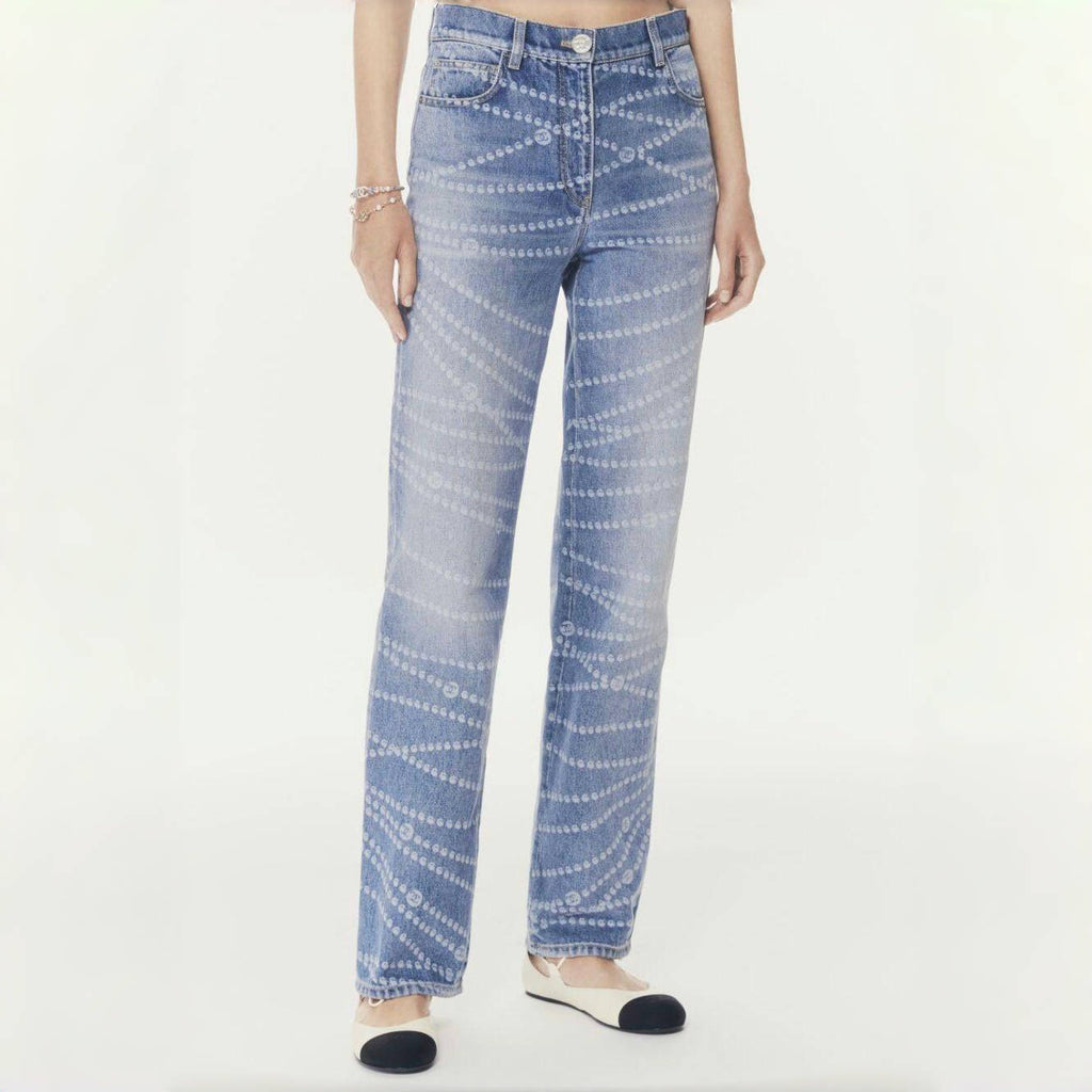 Women's Spring and Autumn Blue Printed Washed Cotton Button Straight Long Jeans Pants #75498