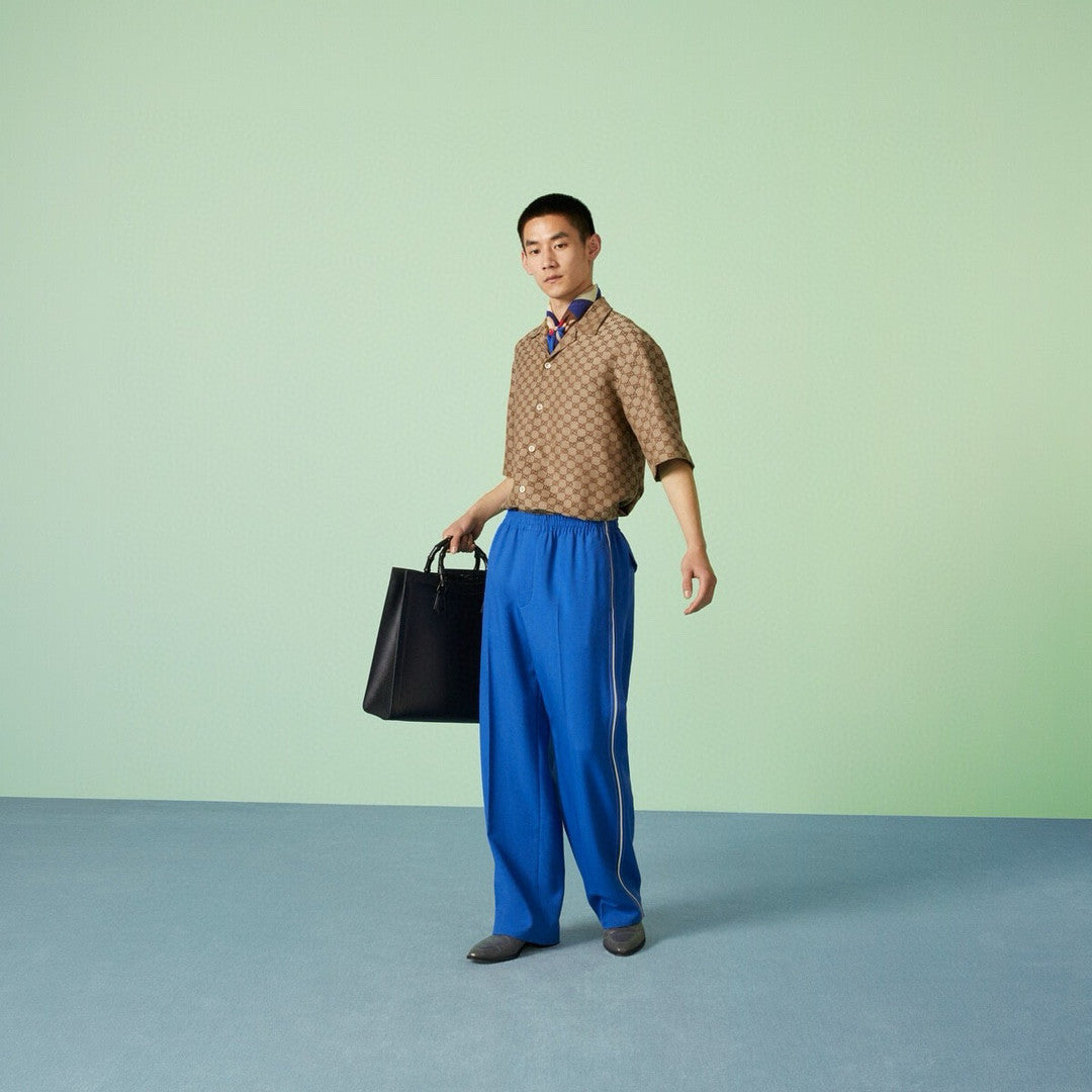 Men's Summer Brown Lapel Single Breasted Logo Printed Short Sleeve Shirt #98679