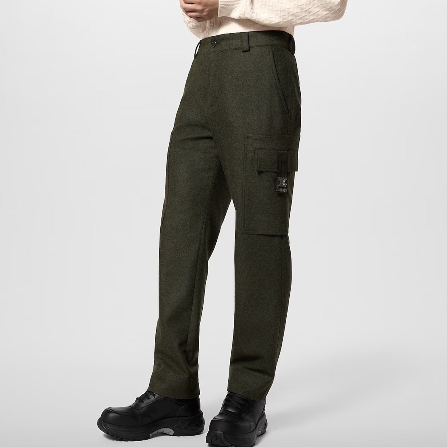 Men's Solid Color Mid Waist Side Pocket Straight Fitting Wool Workwear Pants #98294
