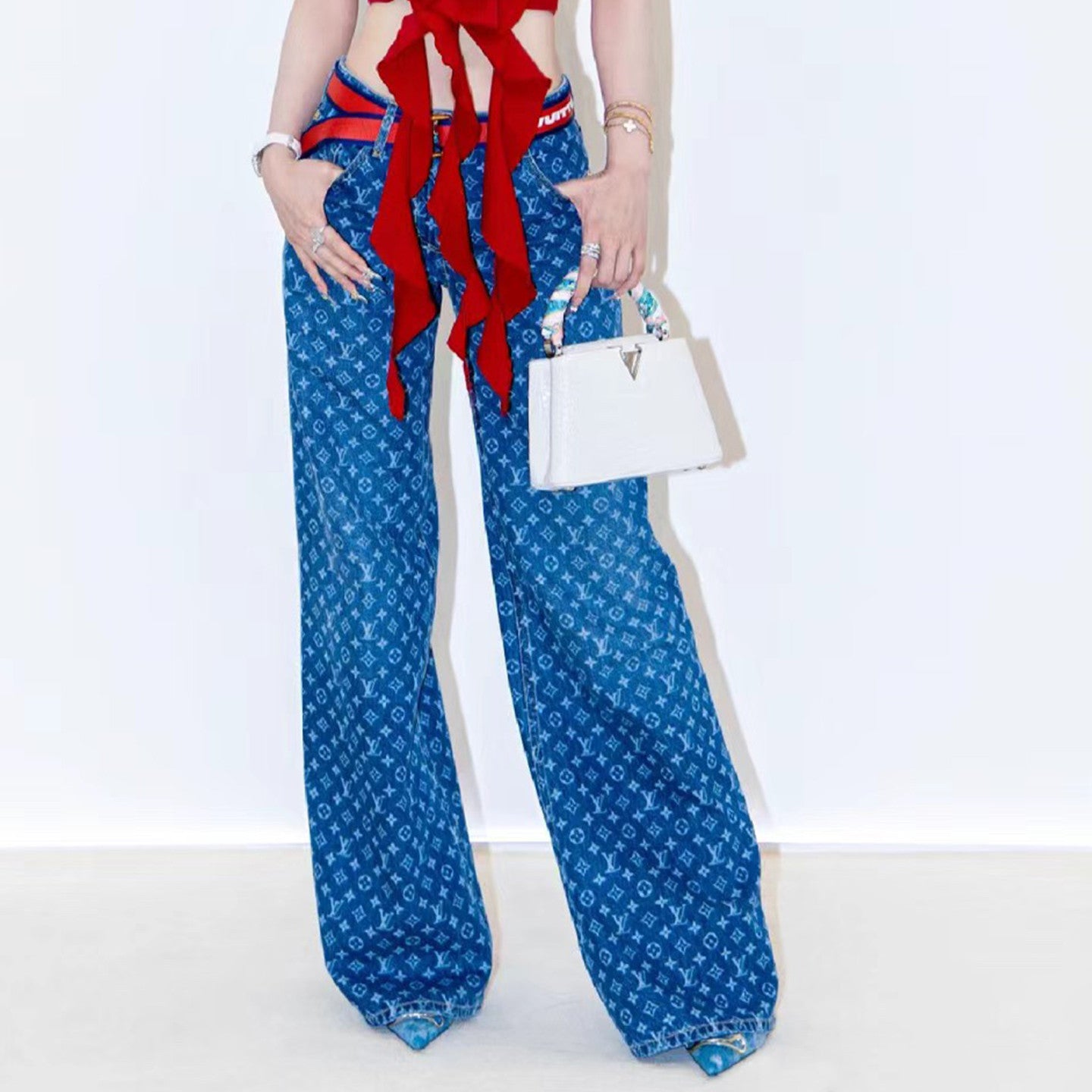 Women's LV x AC MONOGRAM Straight Leg Jeans Four Seasons Solid Color Cotton Fitted Pants #71468