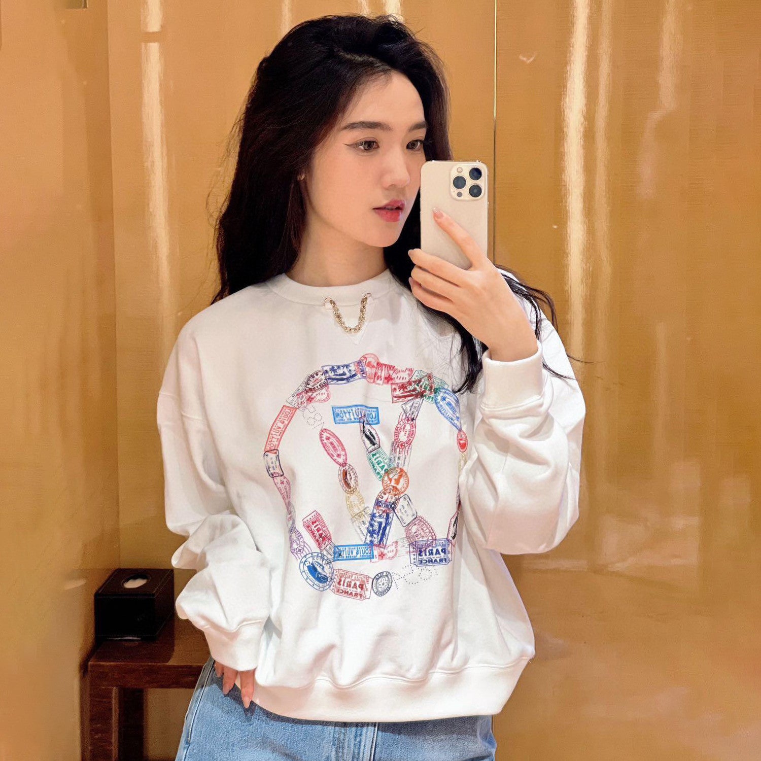 Women's Spring and Autumn White Round Neck Travel Seal Print Long Sleeve Sweatshirt #74178