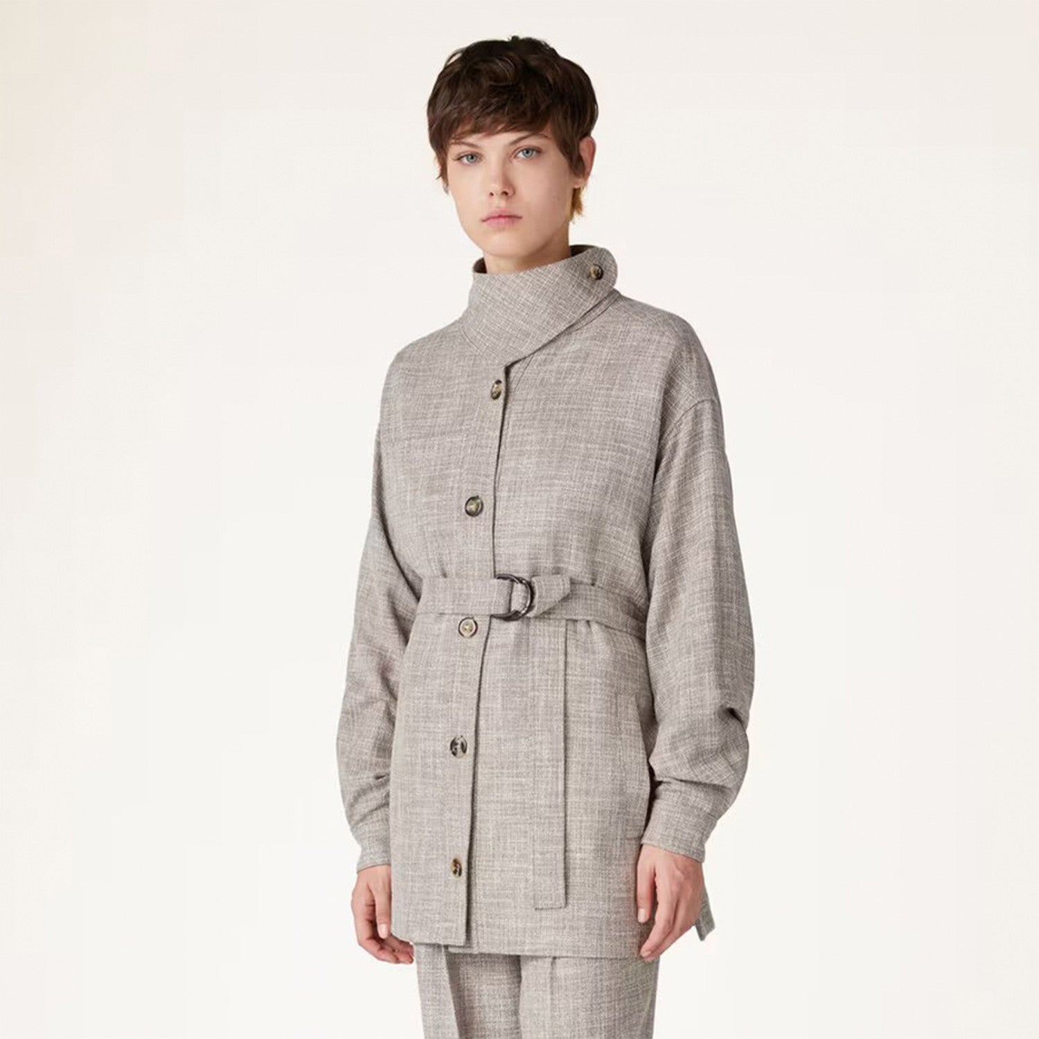 Women's Spring And Autumn Solid Color Standing Collar Single-Breasted Belt Wool Blend Ardian Jacket Casual High-Waisted Lien Pants Ngvp #9161