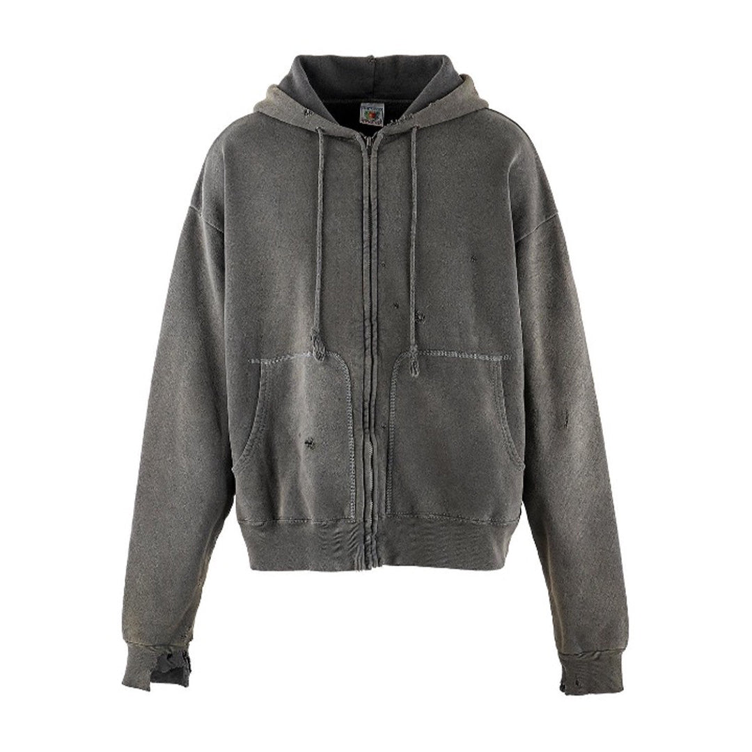 Men's Spring And Autumn Cotton Multi-Pocket Zipper Casual Long Sleeve Solid Color Destruction Washed Hooded Sweatshirt Ngvp #7942