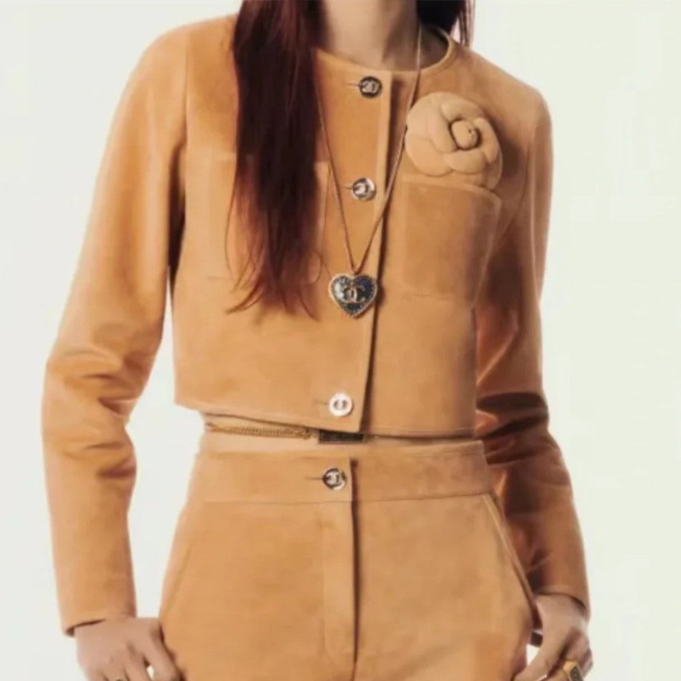 Women's Spring. Autumn And Winter Single-Breasted Short Long-Sleeved Solid Color Fitted Cowhide Leather Jacket Casual V-Neck Sleeveless Vest Medium-Length Leather Long Skirt Suit Set Ngvp #9321