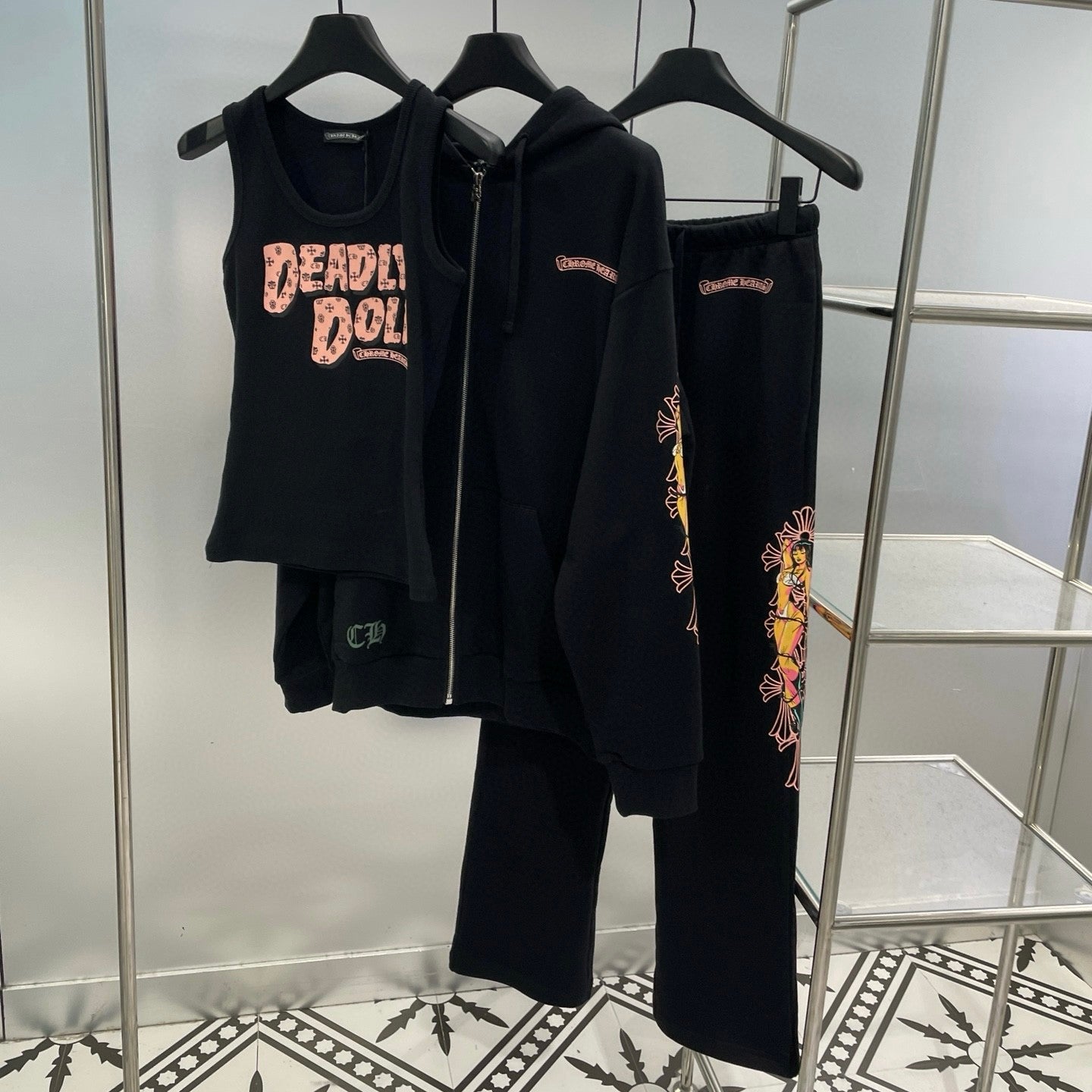 Men's And Women's Fall/Winter Fan Cross Graffiti Print Black Hooded Zipper Jacket Knit Vest Stretch Sweatpants Pants Set Suit #98138