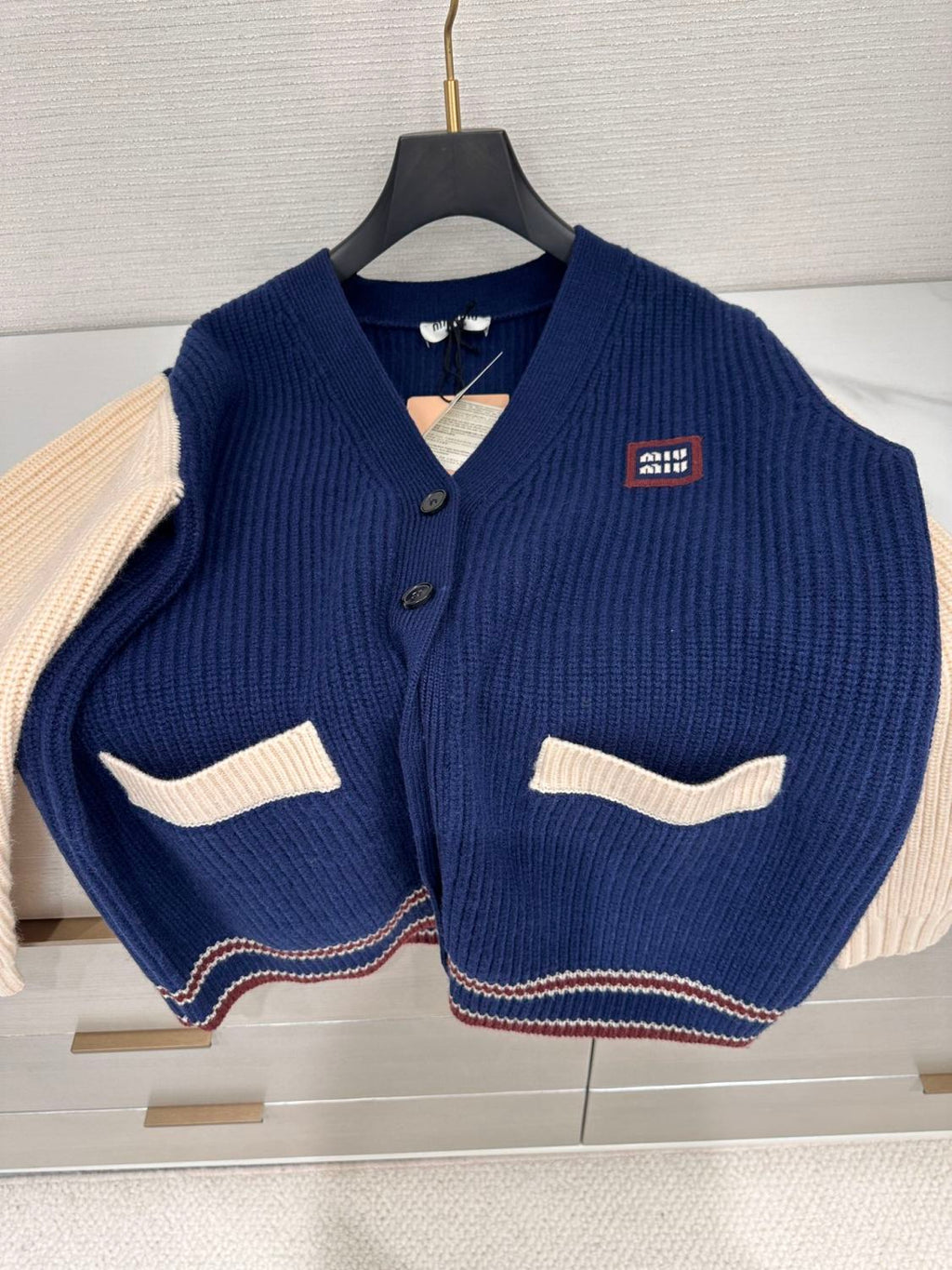 Women's Spring And Fall V-neck Blue And White Blended Knit Single Breasted Cashmere Sweater Jacket #74428