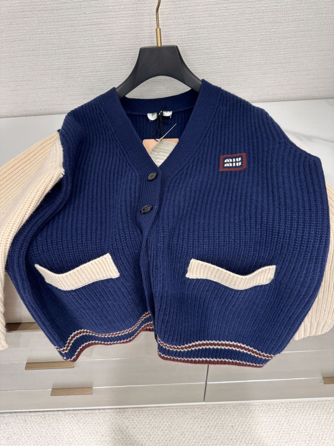 Women's Spring And Fall V-neck Blue And White Blended Knit Single Breasted Cashmere Sweater Jacket #74428