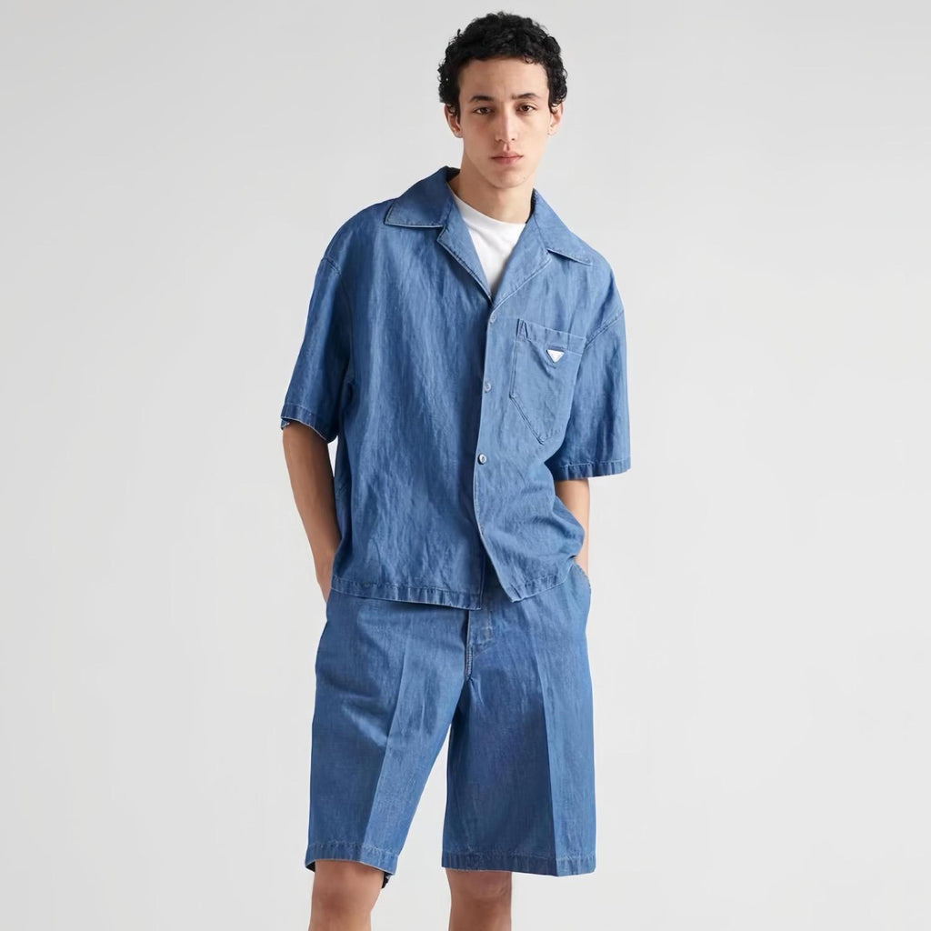 Men's Summer Blue Lapel Single Breasted Short Sleeve Denim Shirt Jacket Shorts Set Suit #98554