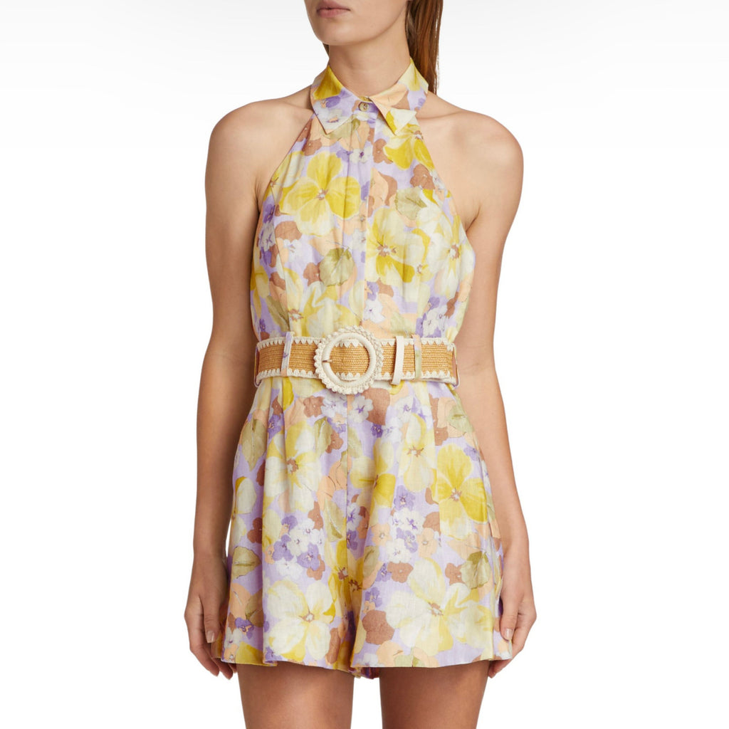 Women's Summer Floral Pattern Printed Cinched Waist Collarless Backless Single Button Sleeveless Jumpsuit #77664