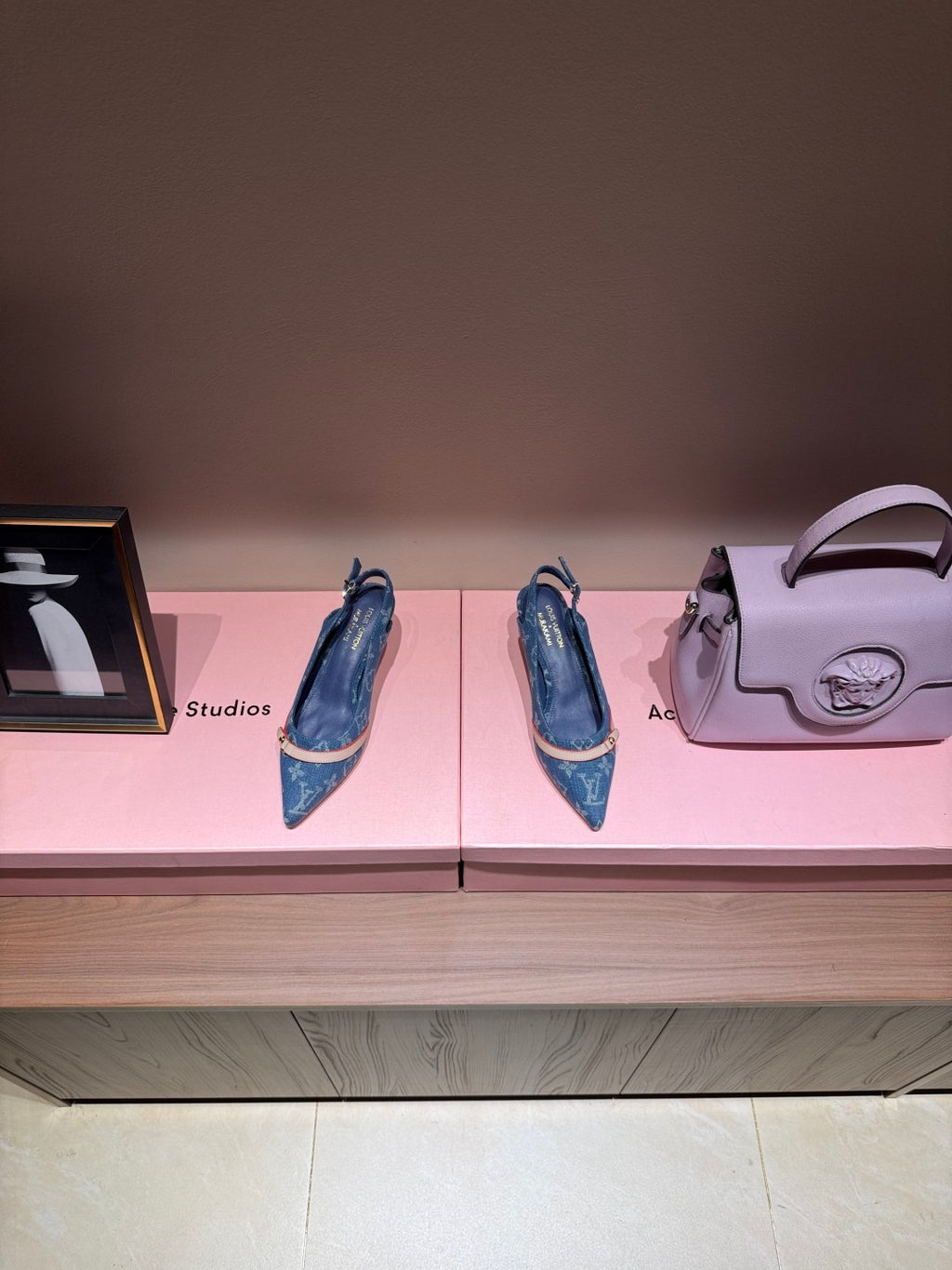 Women's Pointed Denim Print Metal Buckle Fine Heel Cherry Heel Retro Solid Color High Heels Casual Slippers Shoes #77858