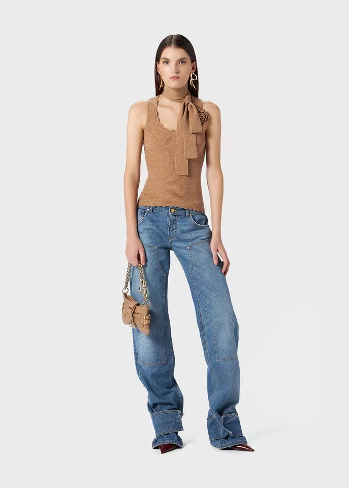 Blumarine Women's Spring And Autumn Round Neck Floral Chest Pin Solid Color Long Sleeve Wool Knit Vest Ngvp #9585