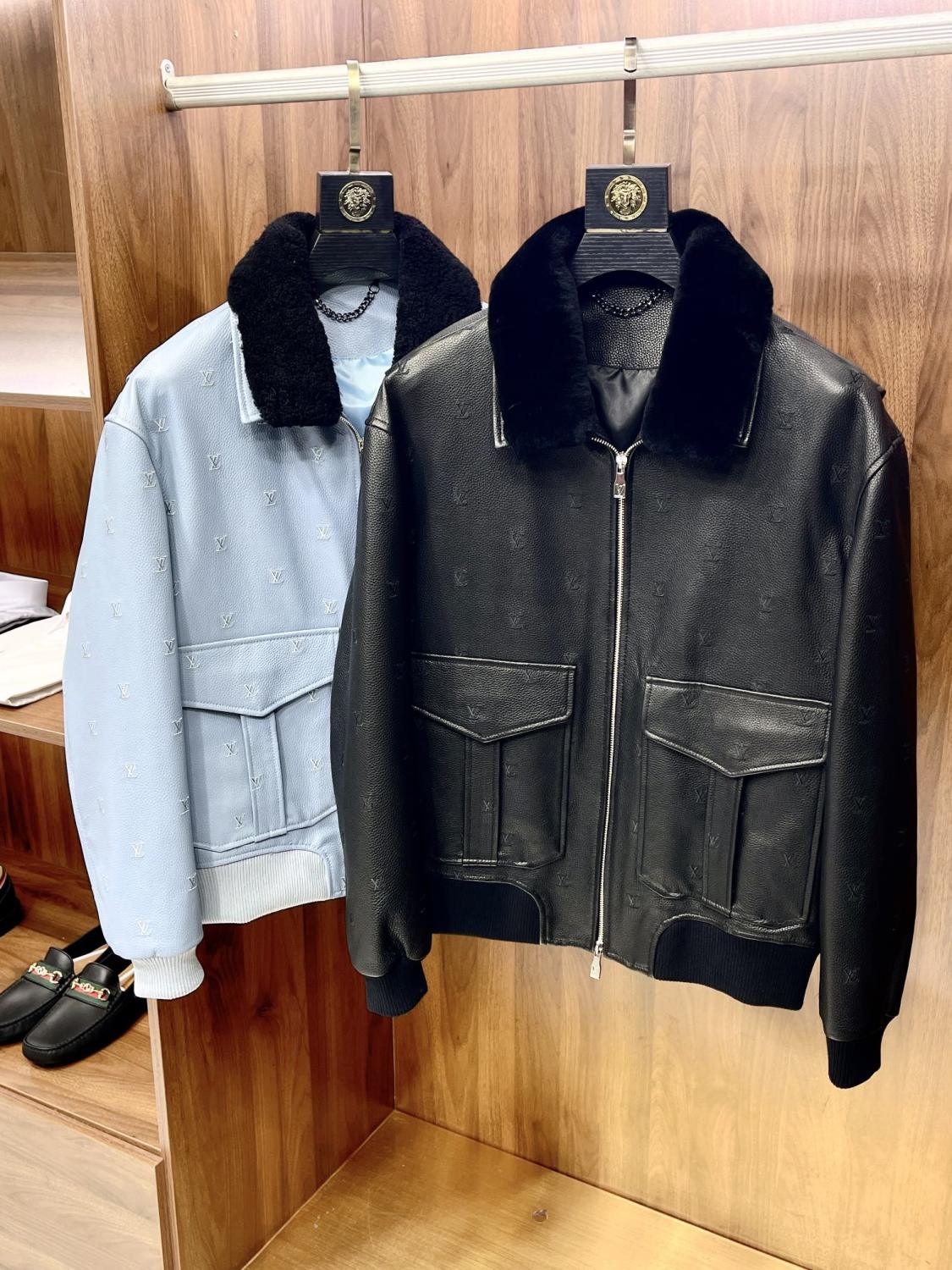 Men's Fall/winter Pilot Drawstring Jacket Solid Color Logo Jacquard Hair Collar Colorblocking Leather Jacket #71553