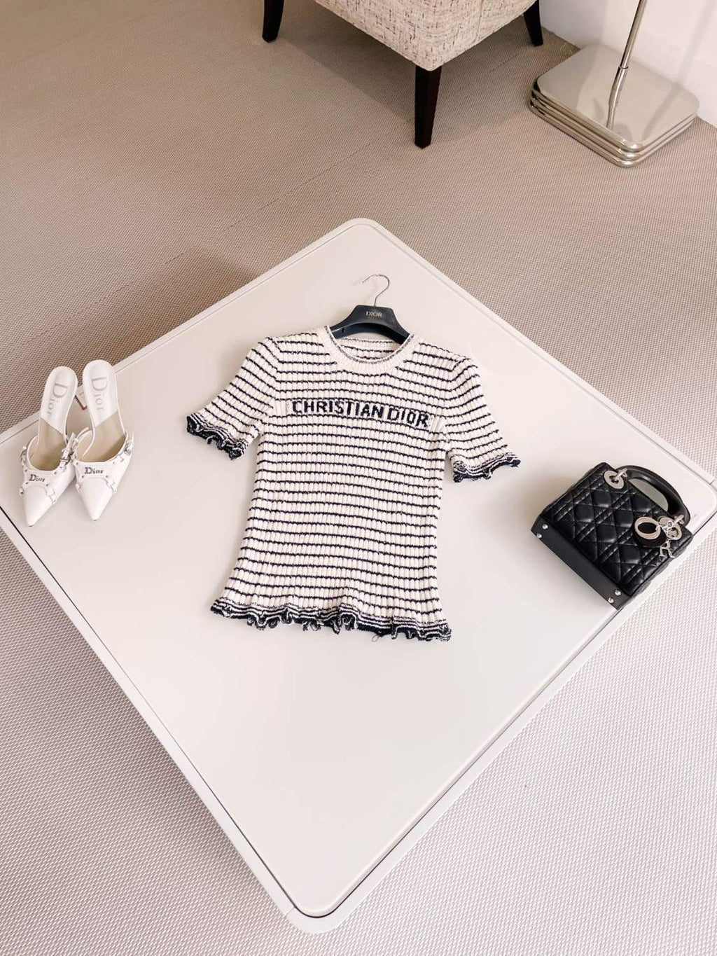 Women's Summer Logo Letter Printed Striped Round Neck Knit Short Sleeve T-Shirt #74843