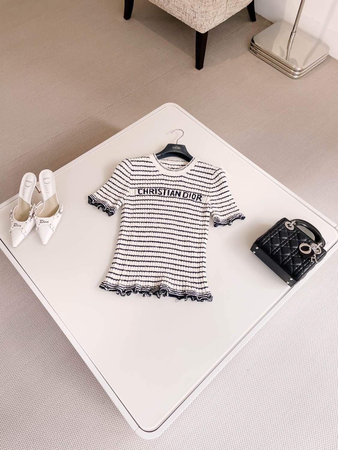 Women's Summer Logo Letter Printed Striped Round Neck Knit Short Sleeve T-Shirt #74843