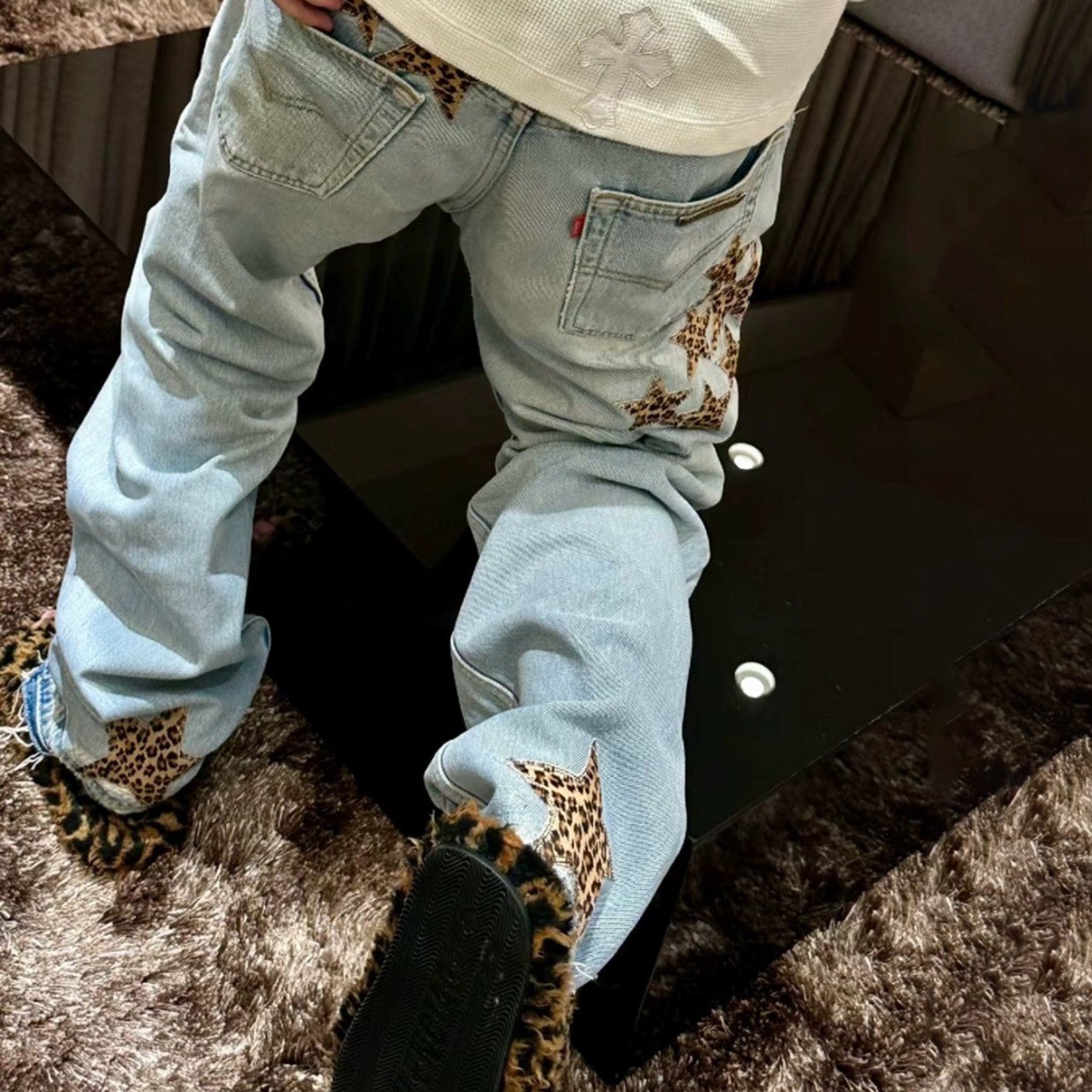 Men's Women's Spring/summer Leopard Pentagram Tannin Denim Metal Button Casual Straight Leg Pants Ngvp #7875