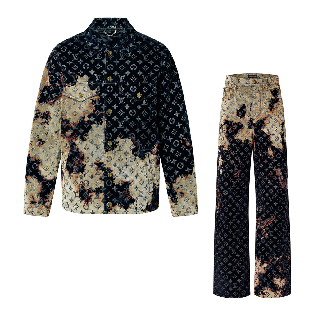 Men's Autumn and Winter Pattern Printed Lapel Single Breasted Denim Jacket Jeans Pants Set Suit #97775