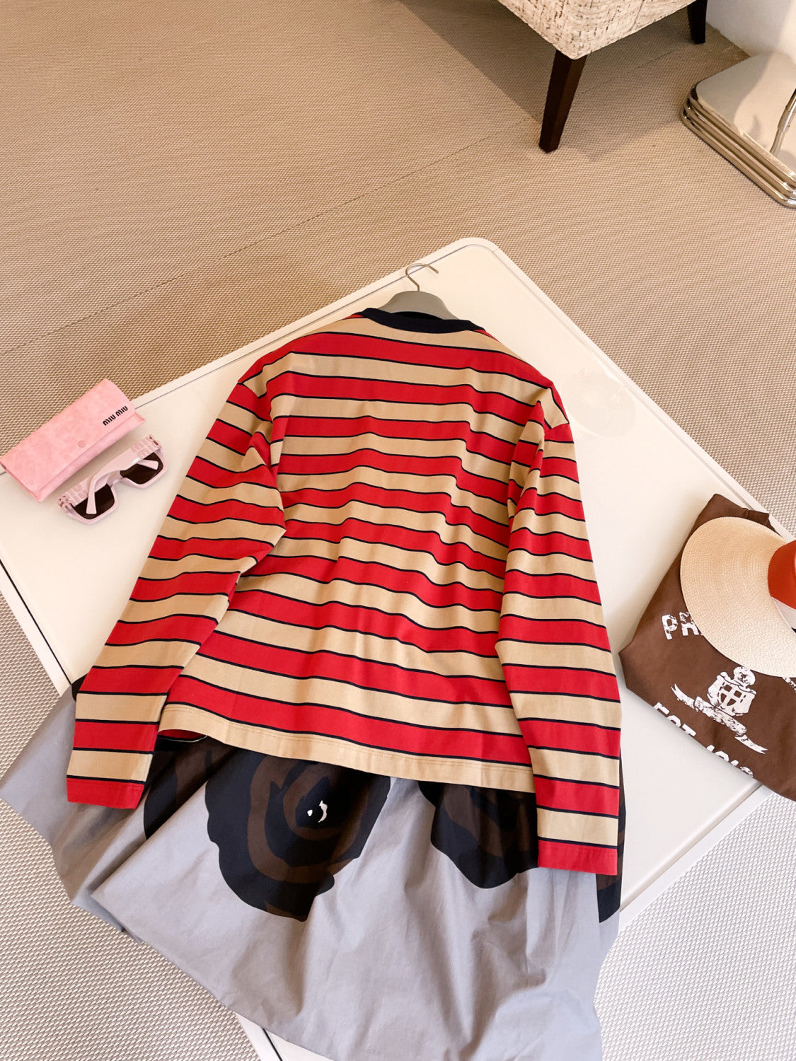 Women's Spring Logo Embroidery Long Sleeve Striped Lisle Cotton Loose Solid Color T-Shirt #71942