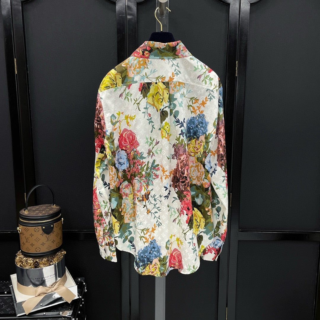 Men's Summer White Floral Print Single Breasted Silk Long Sleeve Shirt #97791