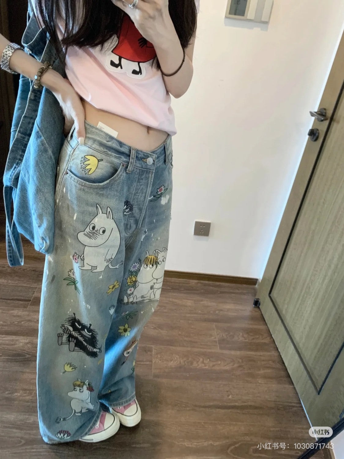 X Moomin Women's Spring/summer Straight Leg Casual Anime Print Fashionable High Street Wide Leg Loose Fit Denim Pants Ngvp #2176