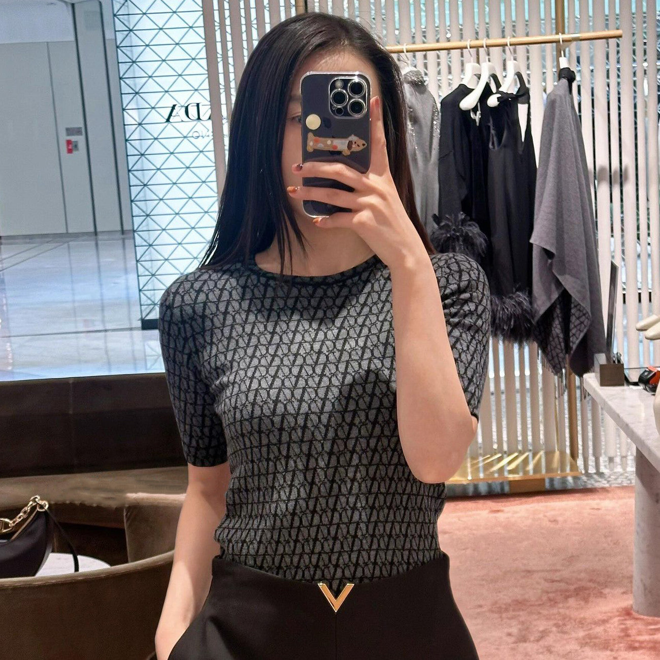 Women's Summer Logo Jacquard Embroidery Round Neck Knit Short Sleeve T-Shirt #73387