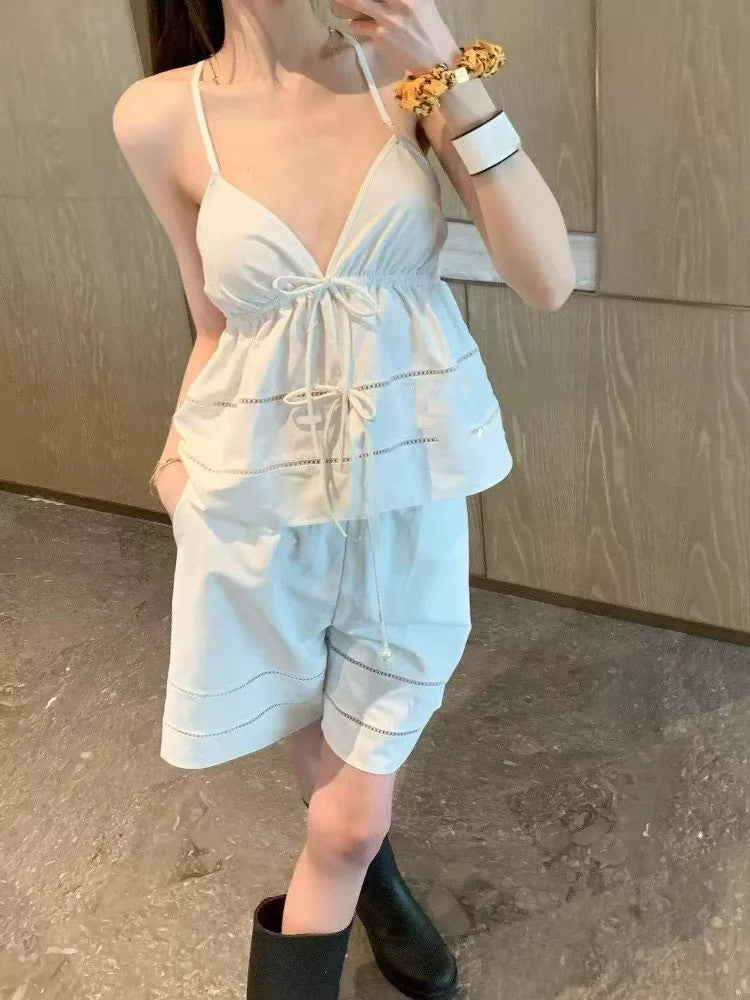 Women's Logo Jacquard Hollowed Out Solid Color Silk Cotton Summer Sleeveless Lace-Up Camisole Top Vest Ngvp #1359