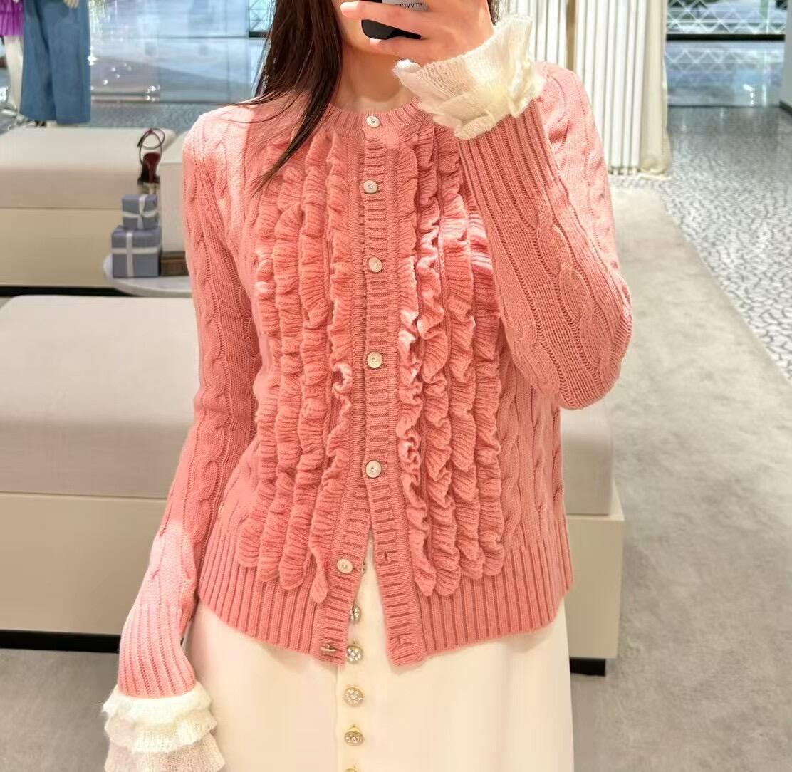 Women's Spring. Autumn And Winter V-Neck Ruffled Solid Color Knitted Sweater Long-Sleeved Cardigan Ngvp #1256