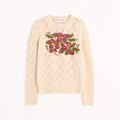Women's Spring. Autumn And Winter Cherry Embroidery Round Neck Solid Color Fitted Long Sleeve Hollow Knit Wool Sweater Ngvp #9725