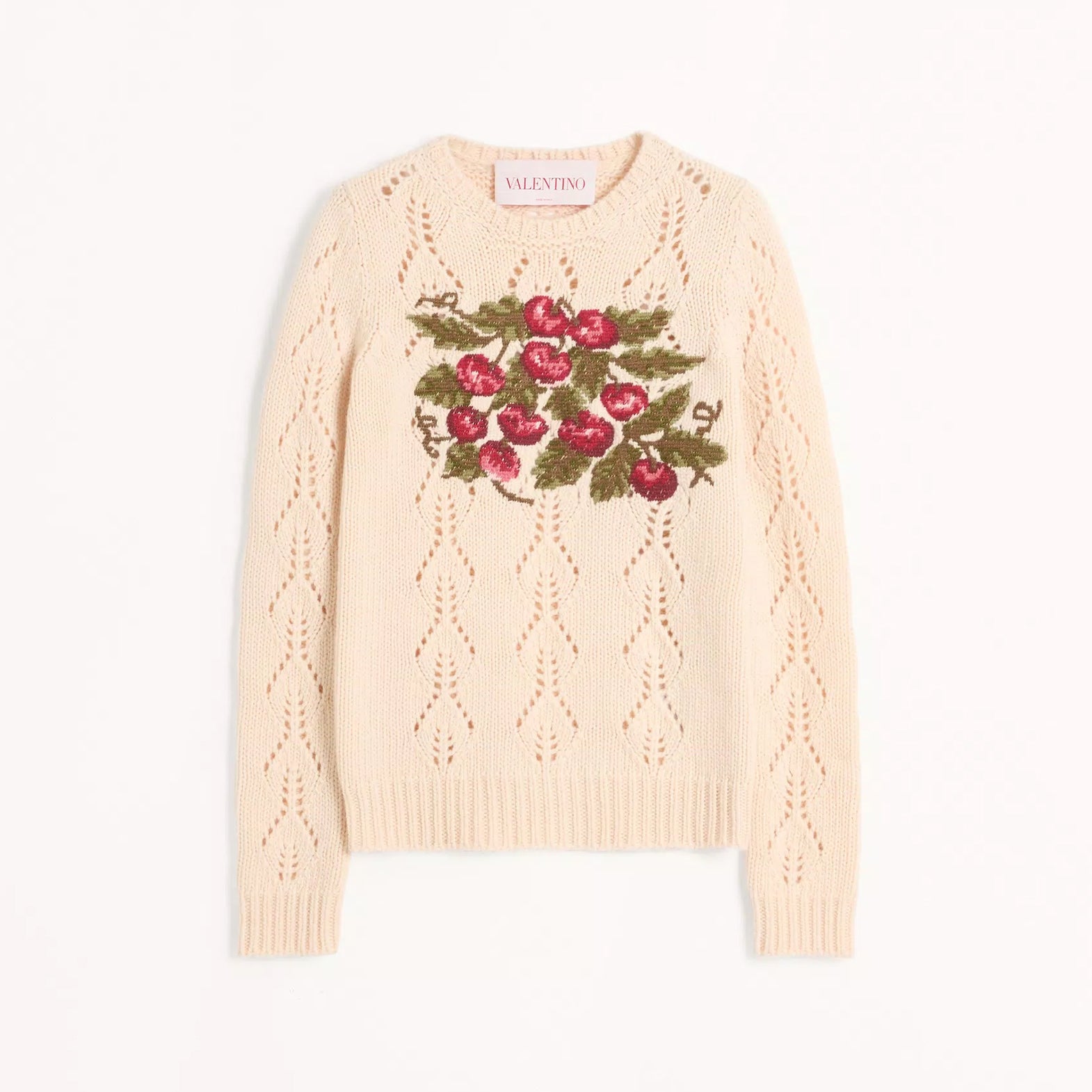 Women's Spring. Autumn And Winter Cherry Embroidery Round Neck Solid Color Fitted Long Sleeve Hollow Knit Wool Sweater Ngvp #9725