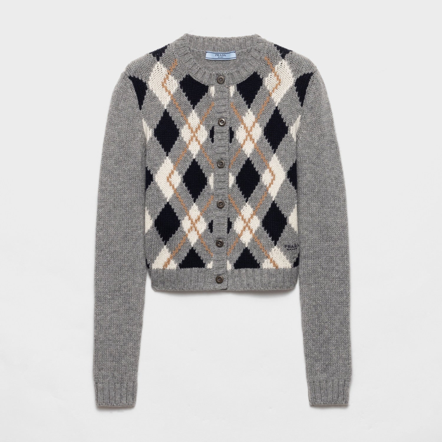 Women's Spring/Fall Round Neck Single-Button Diamond-Pattern Cashmere Knit Cardigan with Letter Embroidery Long Sleeve Cropped Cardigan #78839