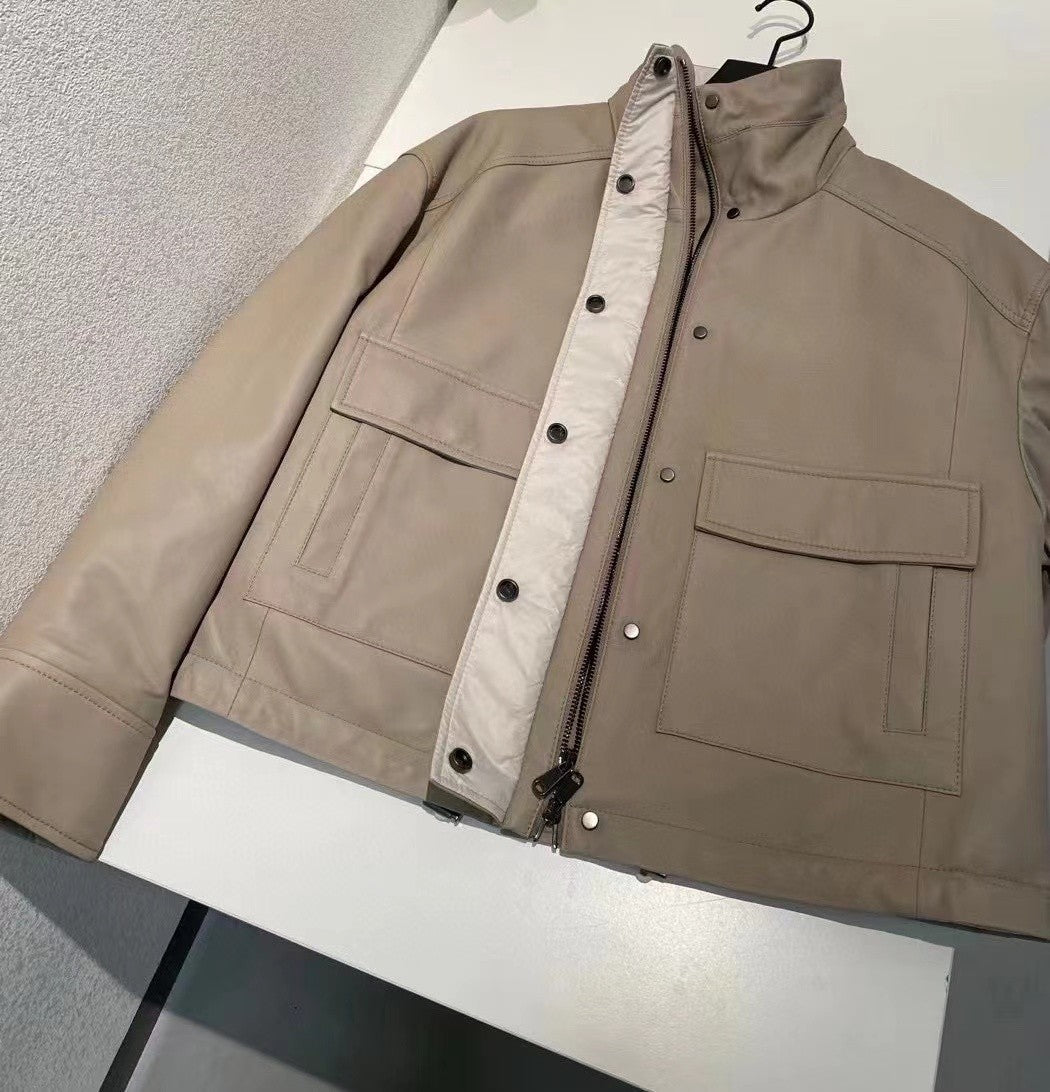 Women's Winter Beige Fur Collar Silhouette Soft Napa Lambskin Long Sleeve Leather Jacket #98471