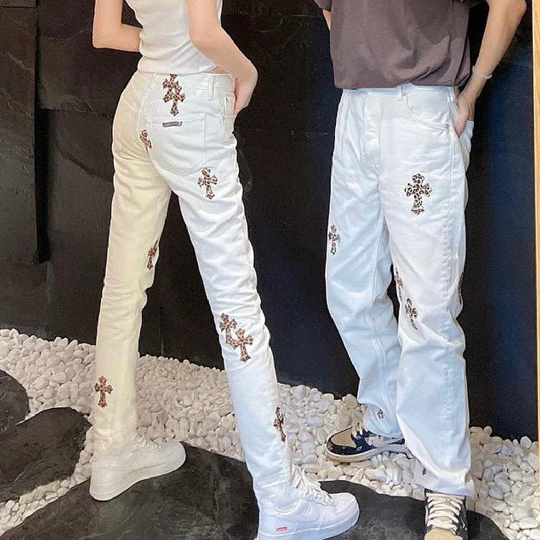 Men's Four Seasons High Street Leopard Cross Embroidered Old White Casual Straight Leg Trousers #98635