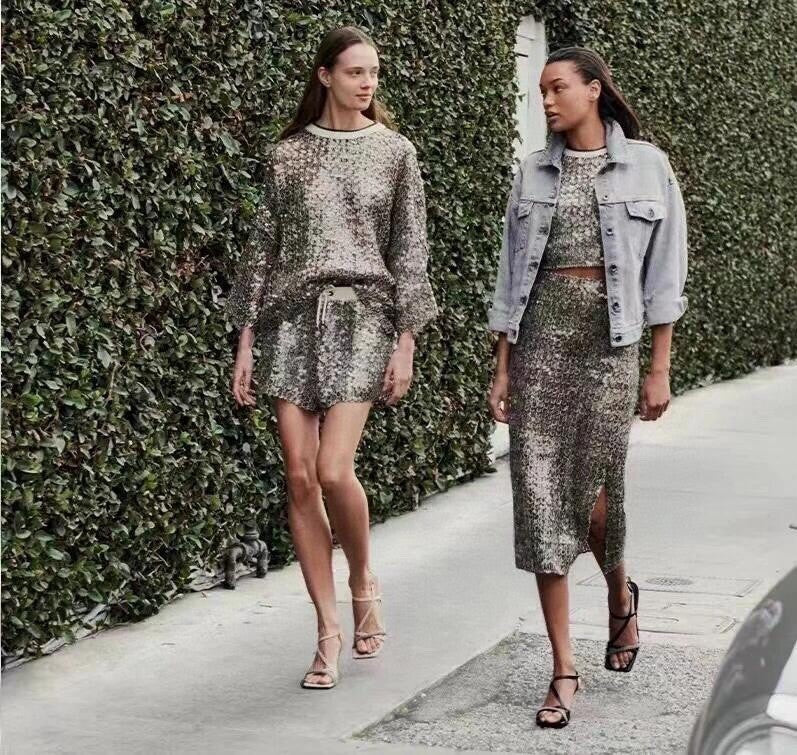 Women's Spring Summer Autumn Silver Sequins Mid-Length High Waist Fit Casual Half Skirt Ngvp #8952