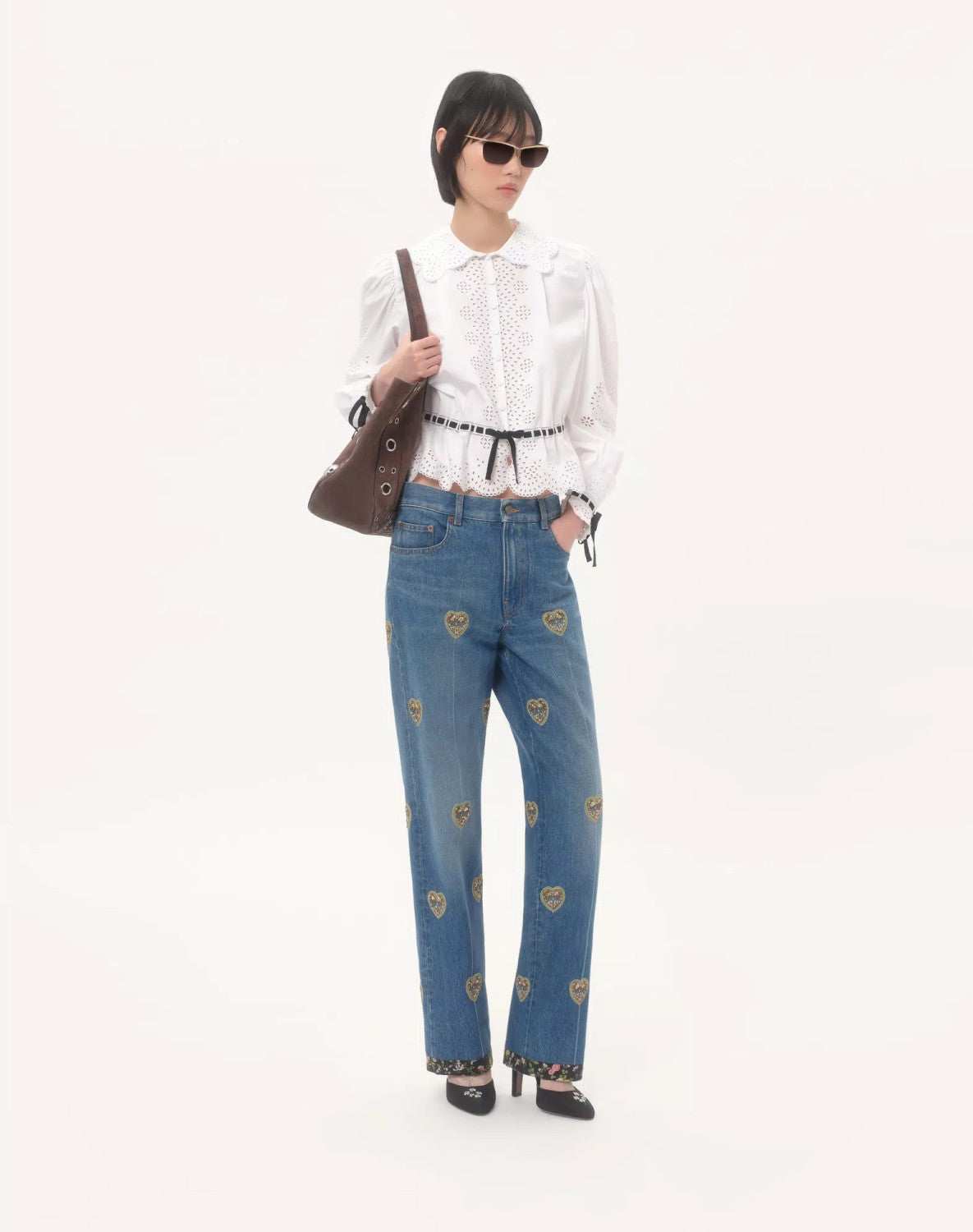 Women's Four-Season Vintage Heart-Shaped Embroidered Floral Beaded Solid-Color Denim Jeans Pants Ngvp #2379