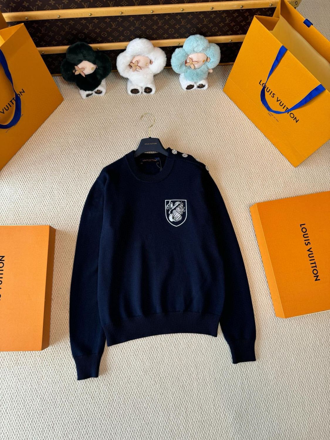 Men's Spring and Autumn Solid Color Logo Embroidery Round Neck Long Sleeve Knit Sweater #74314