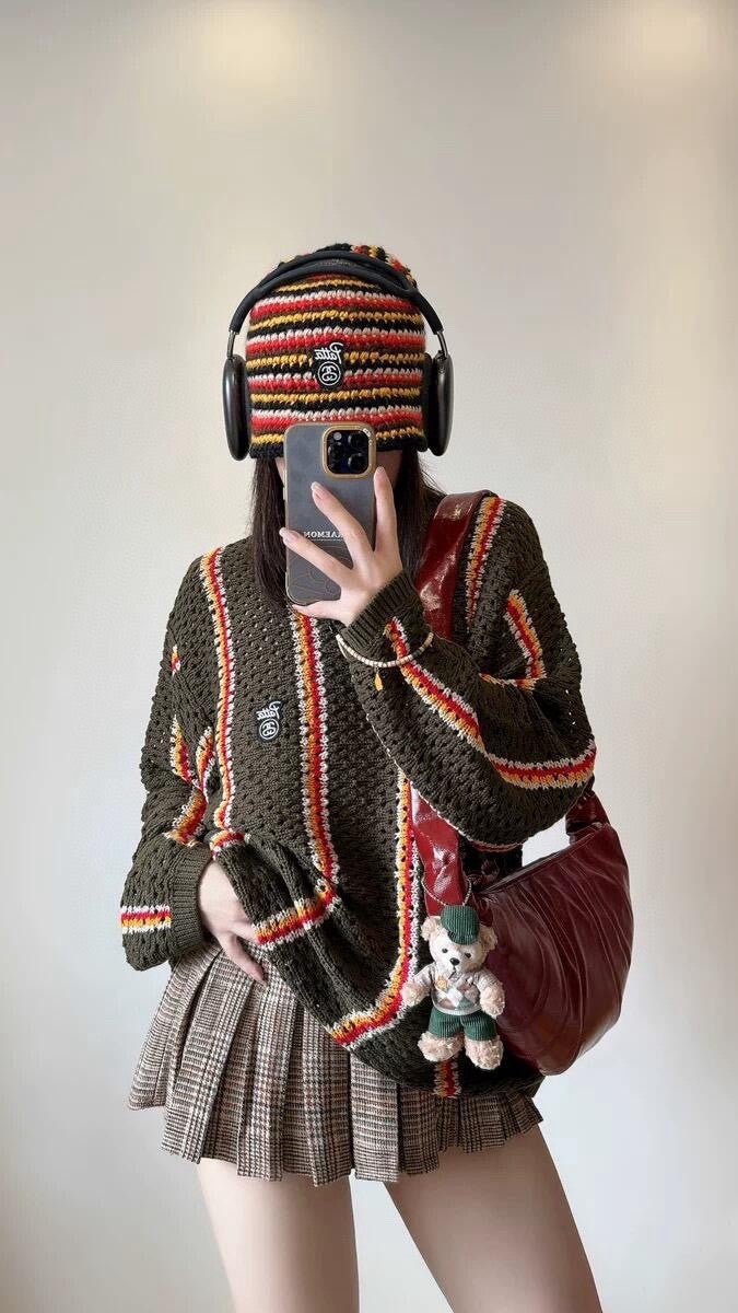 SS x Patta Men's Women's Spring. Autumn And Winter Logo Embroidery Stripes Colorblocking Hollow Knit Long Sleeve Round Neck Loose Sweater Ngvp #9219