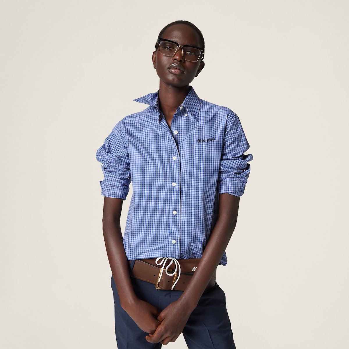 Women's Spring And Summer Blue Plaid Letters Embroidery Drop Shoulder Single Breasted Collar Long Sleeved Shirt #98989