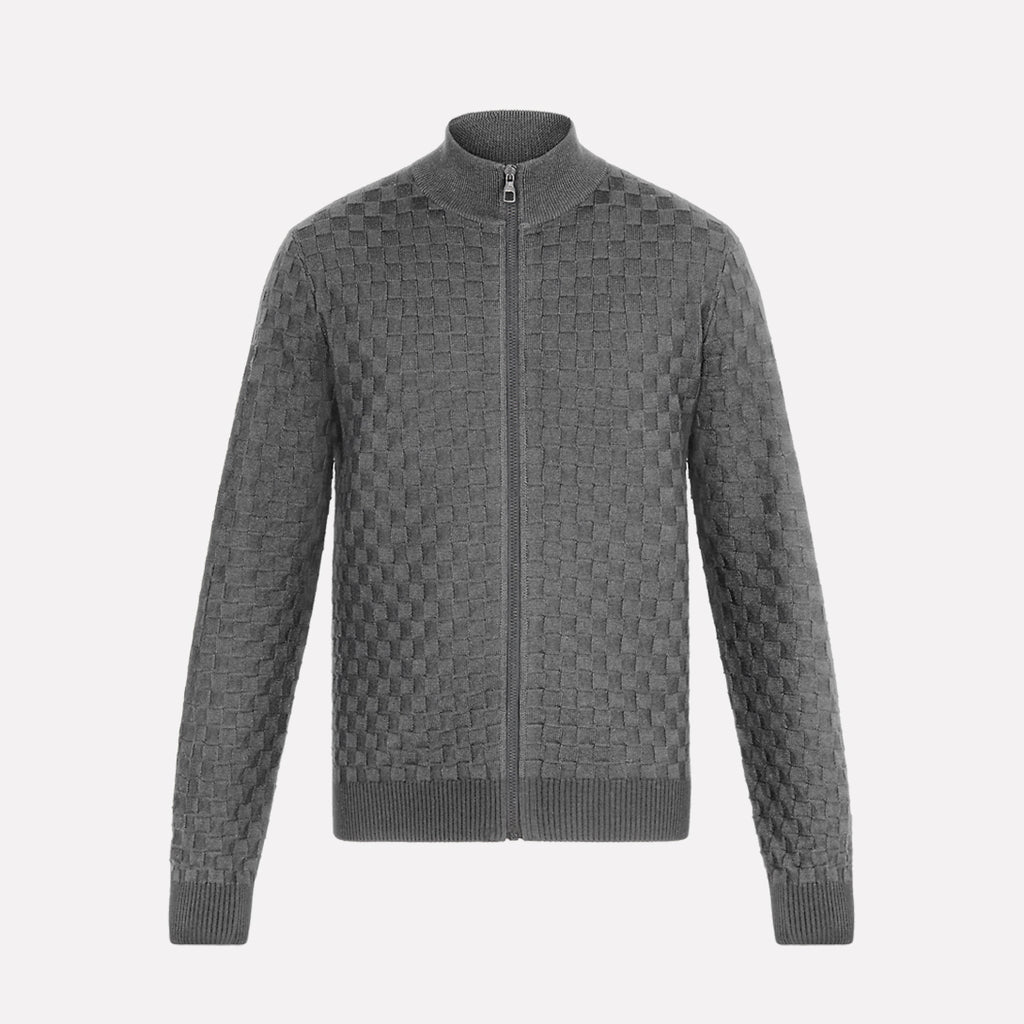 Men's Autumn And Winter Solid Color DAMIER Plaid Knit Zipper Standing Collar Wool Cardigan Long Sleeve Jacket Ngvp #9382