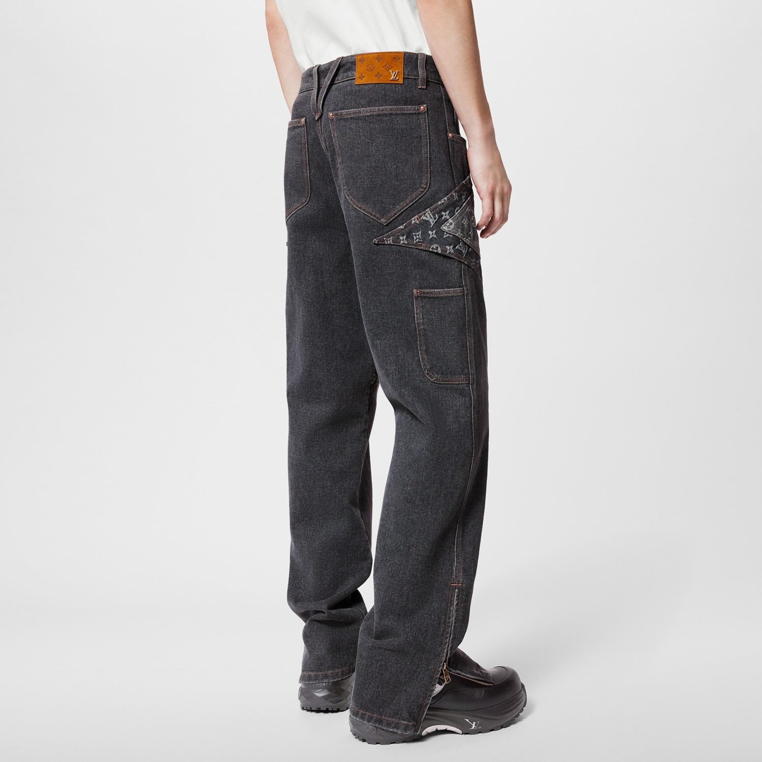 Monogram Flower Denim Pants Men's Black Logo Letter Print Irregular Fit Jeans #98869