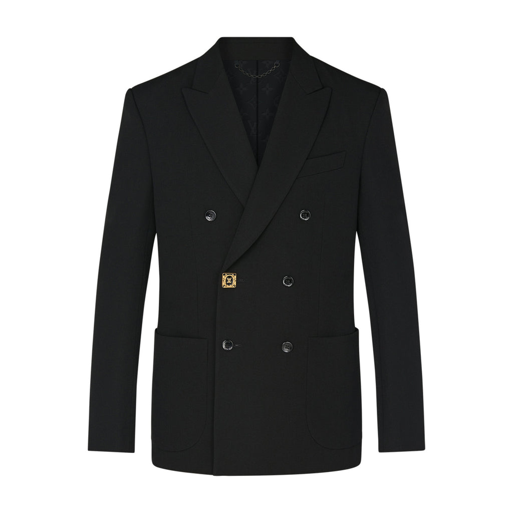 Men's Spring And Fall Black Wool Twill Double Breasted Blazer Jacket Casual Pants Suit Set #98626