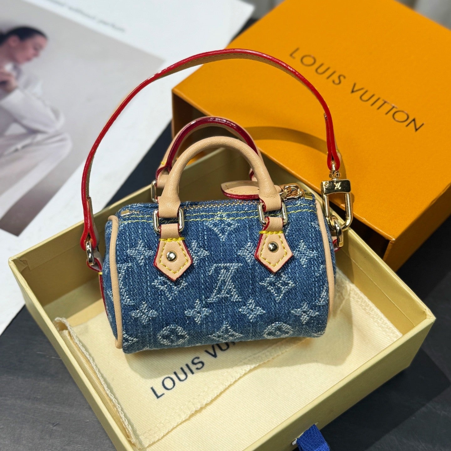 LV x TM Micro Speedy Denim Cerise Women's Blue Denim Fabric Cherry Pattern Mini Bag Bags #77583