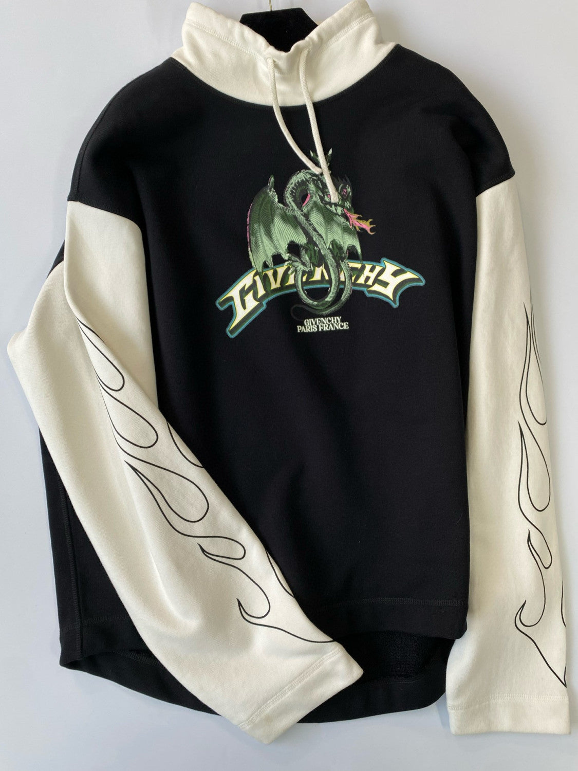 Men's Autumn and Winter Black and White Splicing Dragon Print Long Sleeved Hooded Sweatshirt Pullover #98126