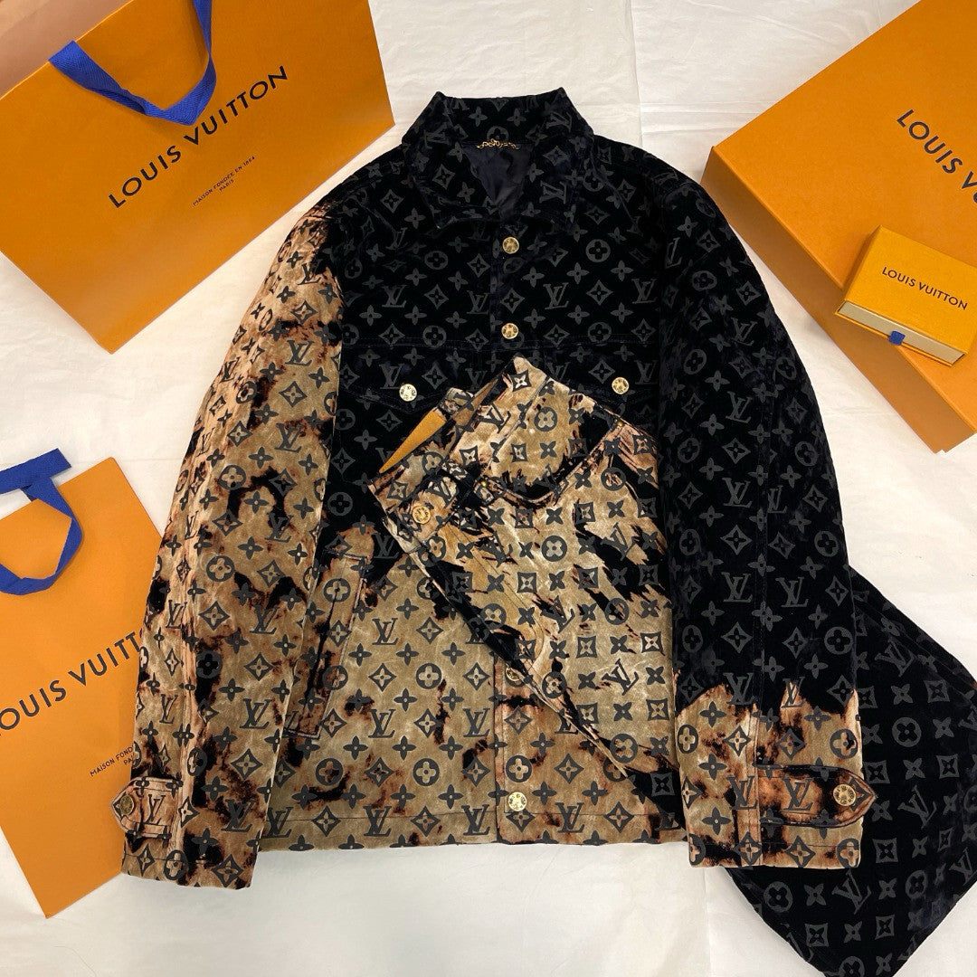 Men's Autumn and Winter Pattern Printed Lapel Single Breasted Denim Jacket Jeans Pants Set Suit #97775