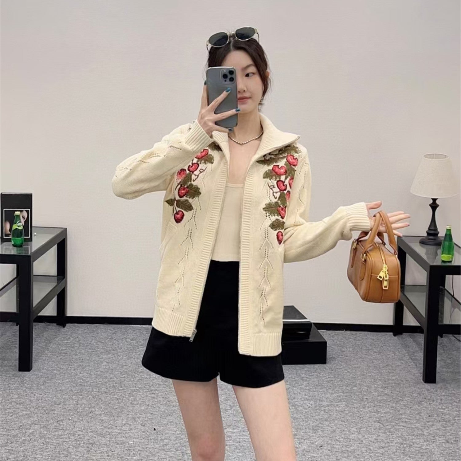 Women's Spring Cherry Embroidery Wool Knitted Jacket Skeleton Zip Knit Fashion Elegant Cute Lapel Sweater Cardigan Ngvp #9914