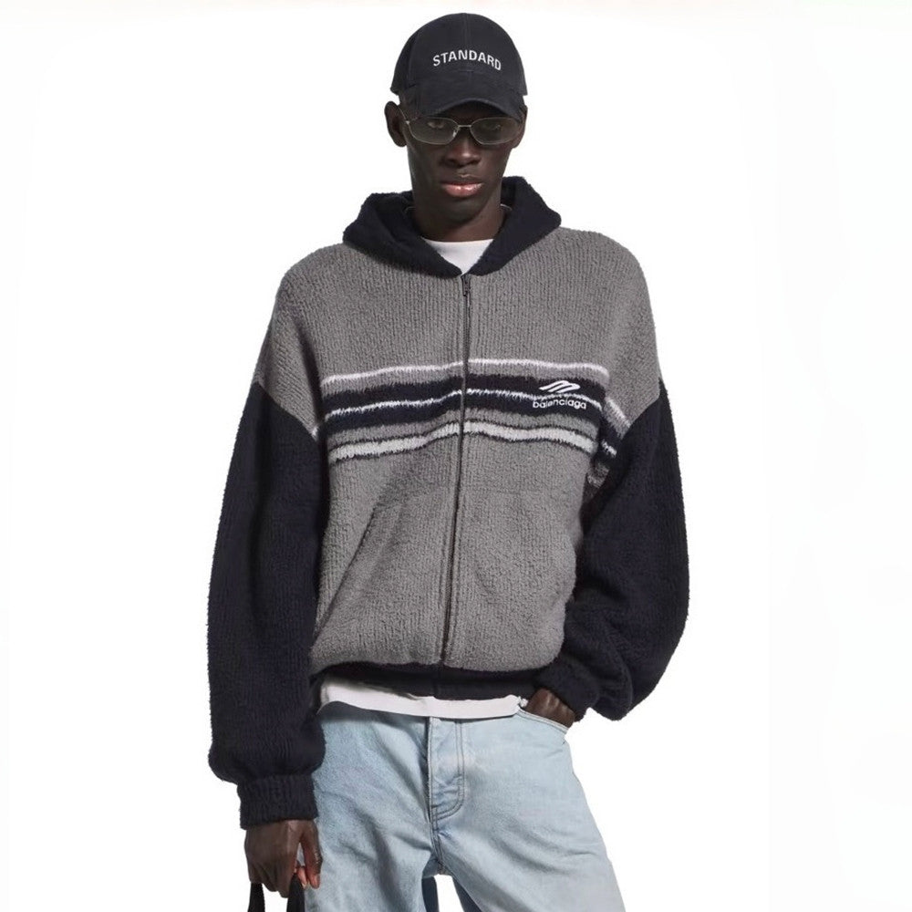 Men's Fluffy Zip-up Hoodie Grey Black White Cardigan Fashion Color-Block Knit with Logo Embroidery  #82428A