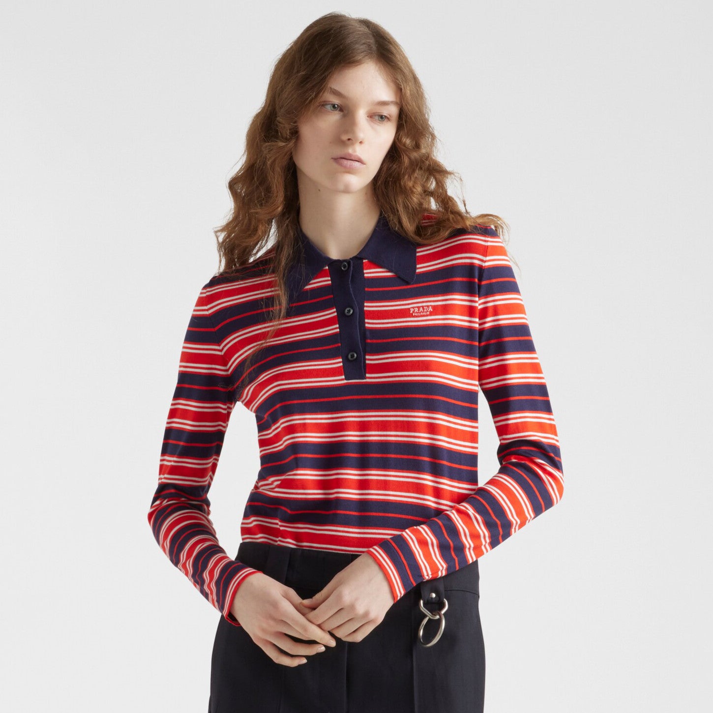 Women's Spring/Summer Striped Polo-neck Letter-print Long-sleeve T-shirt #75685